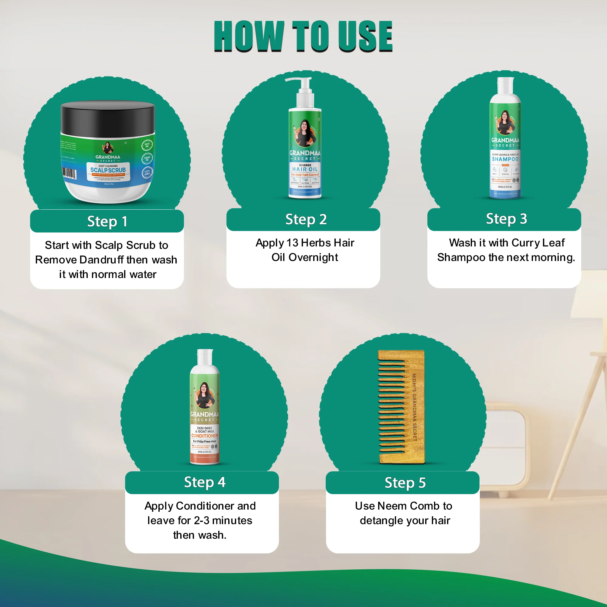 Hair Growth Combo with Hair Oil, Shampoo, Conditioner and Scalp Scrub & Free Neem Comb - Image 3
